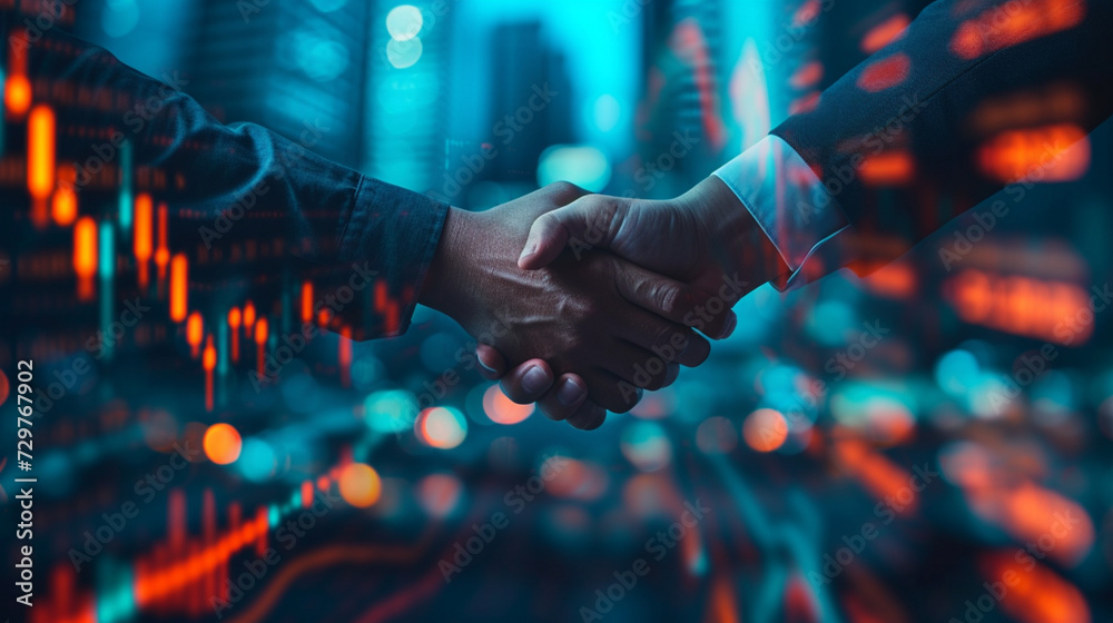 Business success concept. Hands shaking against a backdrop of rising stock graphs and glowing screens, encapsulating the moment of sealing a deal, partnership triumph, or reaching a milestone.