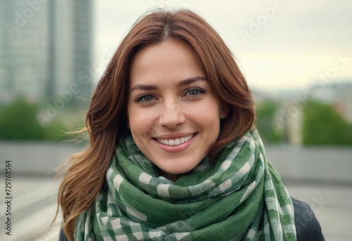 A joyful woman wrapped in a green checkered scarf, giving a soft smile to the camera against an urban backdrop © Sohel