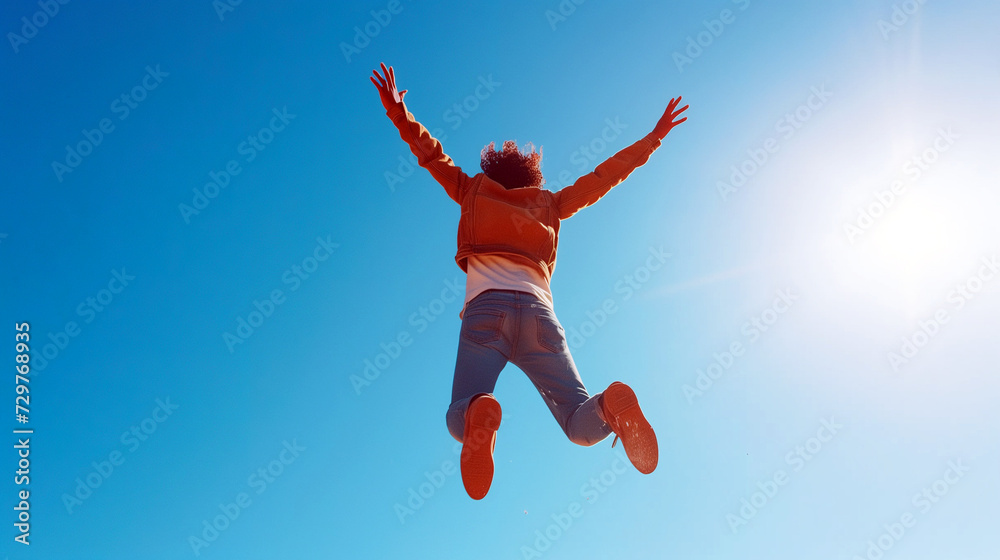 as free as a bird, freedom, person in an orange hoodie is mid-jump against a bright blue sky, expressing joy as free as a bird, freedom, person in an orange hoodie is mid-jump against a bright blue sky, expressing joy