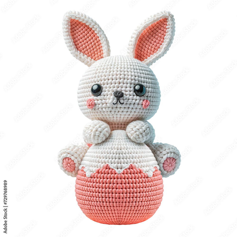 Obraz premium A cute knitted Easter bunny sitting on top of a giant Easter egg made of yarn