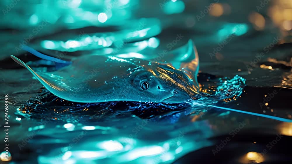 A stingray gracefully gliding through the water its body outlined in shimmering neon lights.