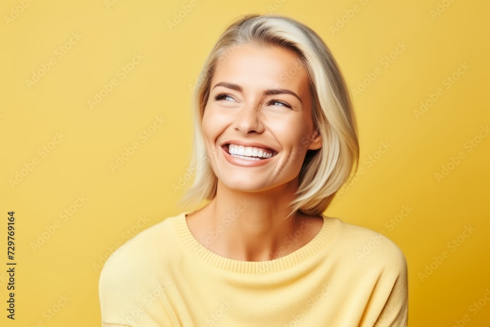 Portrait of happy smiling young blonde woman in yellow sweater over yellow background Portrait of happy smiling young blonde woman in yellow sweater over yellow background