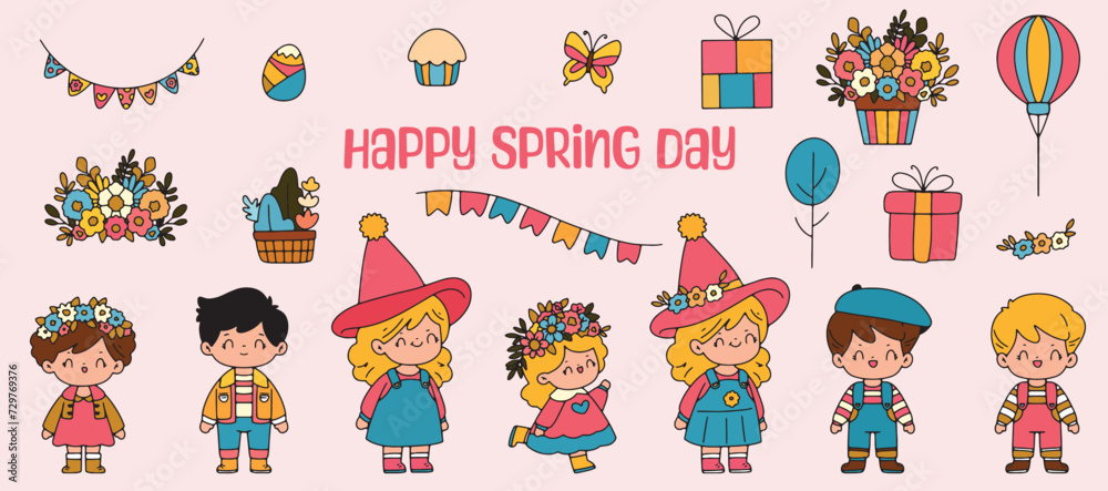 Happy first day of spring Cute baby elements with colorful flowers illustration. Vector