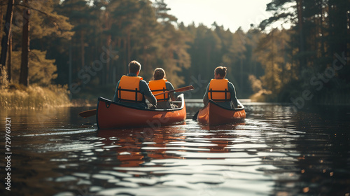 Happy couple wearing life jackets canoeing on a forest lake on a bright summer day. Tourists traveling in Finland love adventure.