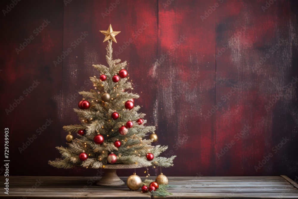Christmas tree with red and gold decorations on wooden table and red wall background