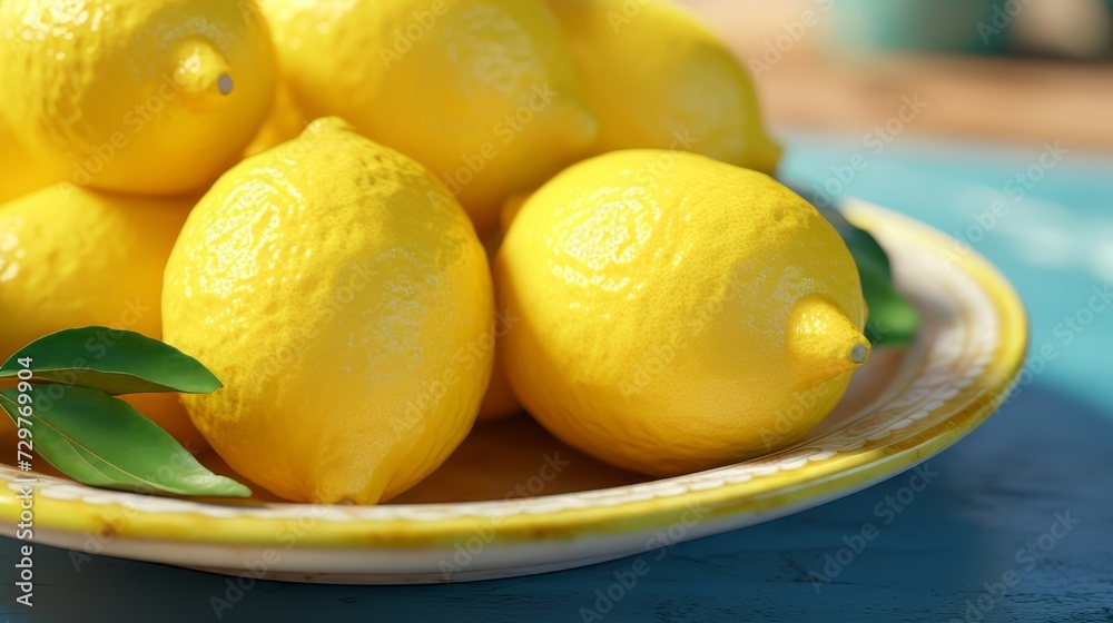 Plate with fresh ripe lemons on table, closeup. Space for text