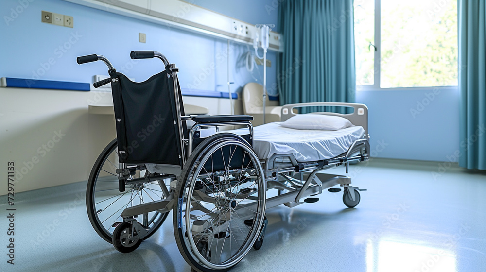 A patient room in the hospital is equipped with both a wheelchair and a hospital bed.