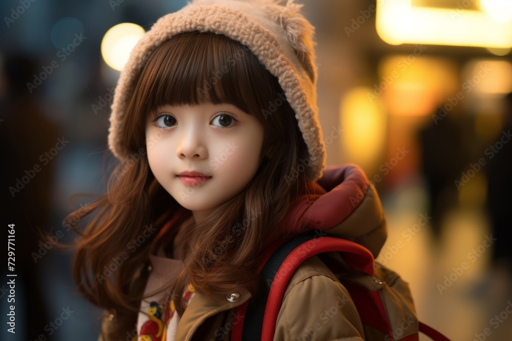 A shot of a cute asian girl in winter clothes on the street A shot of a cute asian girl in winter clothes on the street