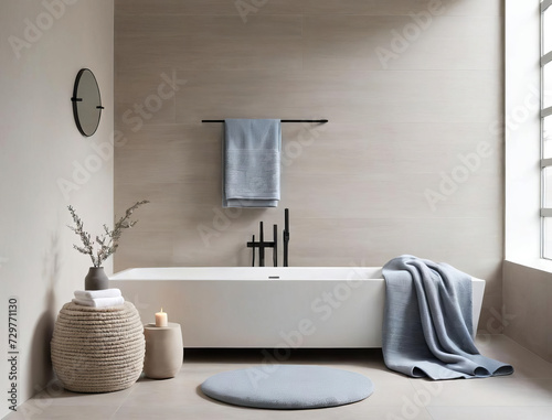 Minimalistic Bathroom Interior with Cozy Reading Nook and Neutral Textiles Gen AI photo