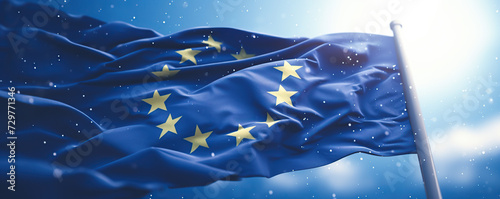 European Union Flag Waving Proudly Against Blurry Background  photo