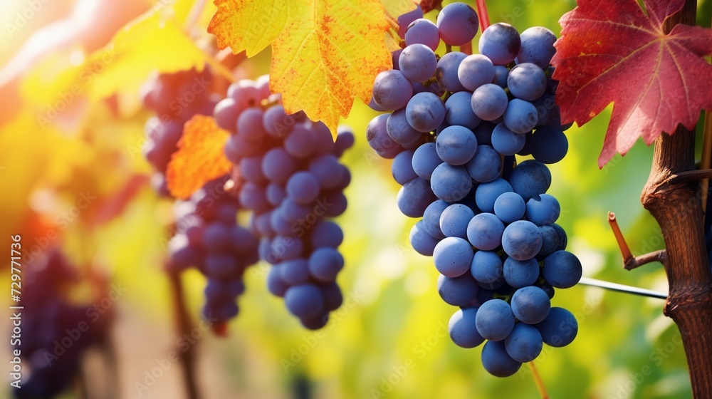 Ripe red grapes on vineyards in autumn harvest. Winemaking concept