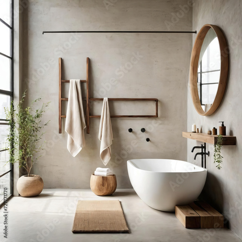 Minimalistic Bathroom Interior with Zen Elements and Natural Light Gen AI photo