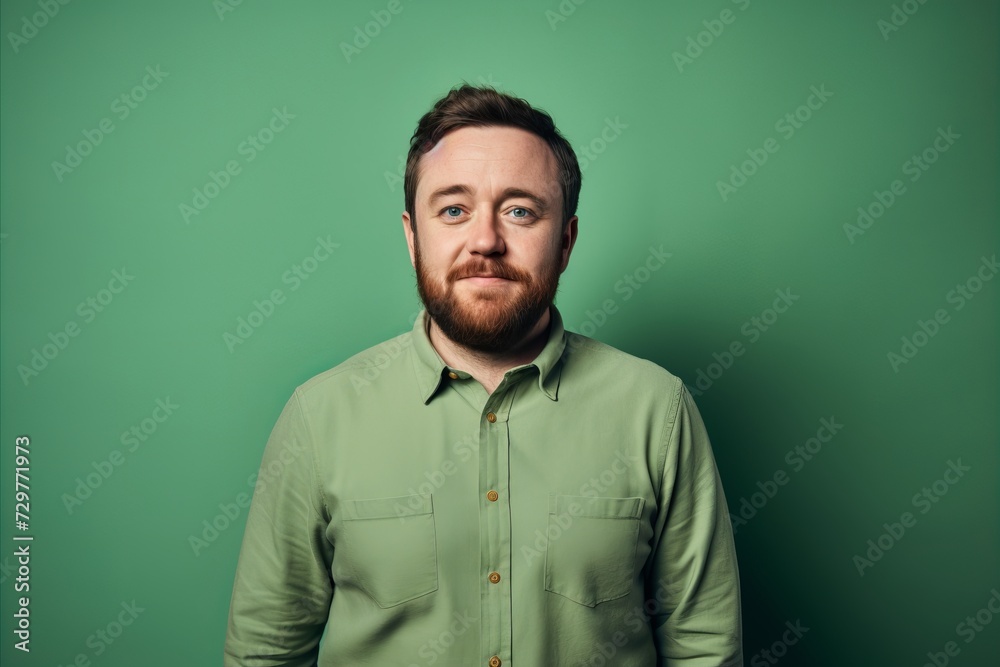 Portrait of a young bearded man in a green shirt on a green background. Portrait of a young bearded man in a green shirt on a green background.