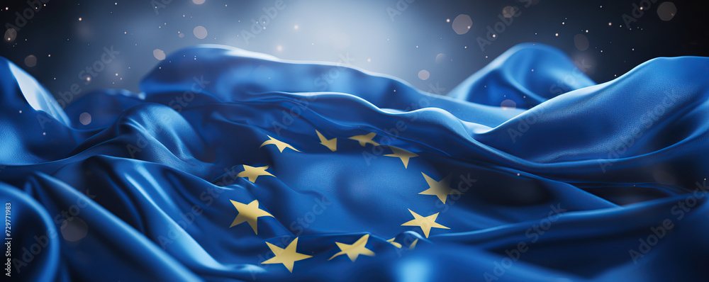 flag of the European Union, adorned with a circle of golden stars, flutters gracefully in the sunlight flag of the European Union, adorned with a circle of golden stars, flutters gracefully in the sunlight