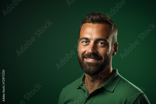 Portrait of a handsome man with a beard on a green background