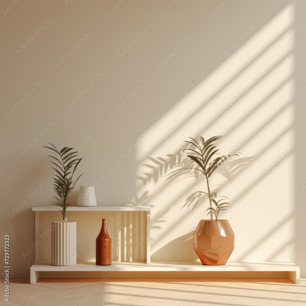 Interior of living room with beige walls, wooden floor, shelves with vases and plants. Interior of living room with beige walls, wooden floor, shelves with vases and plants.