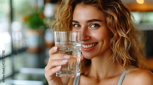 Caucasian woman holding a glass of clear water Smile for the camera.. Focus on a specific point. Close. The concept of good health. Take care of your skin to be beautiful and healthy.