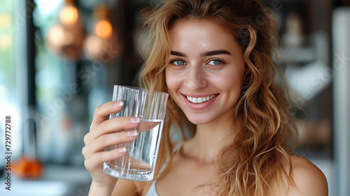 Caucasian woman holding a glass of clear water Smile for the camera.. Focus on a specific point. Close. The concept of good health. Take care of your skin to be beautiful and healthy.