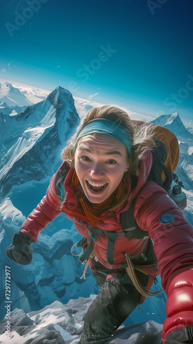 smiling woman climbing mountain backpack back promotional professional looking maw old opened ecstatic expression female protagonist adventure athlete footage publicity polar photo