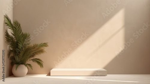 Minimalist scene with a white podium and palm trees against a sunlit beige wall.