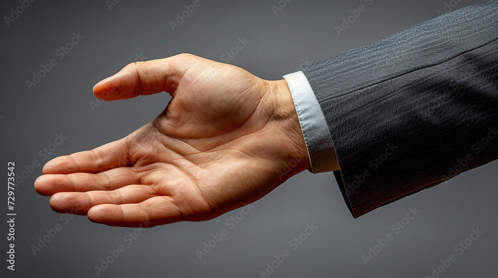 Fototapeta premium Male hands in a suit making a palm gesture on a gray background. concept of request