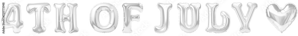Set of White shiny balloons shaped 4TH OF JULY with heart cutout on transparent background. USA Independence Day. Mockup template for graphic design. advertisement. product presentation. Set of White shiny balloons shaped 4TH OF JULY with heart cutout on transparent background. USA Independence Day. Mockup template for graphic design. advertisement. product presentation.