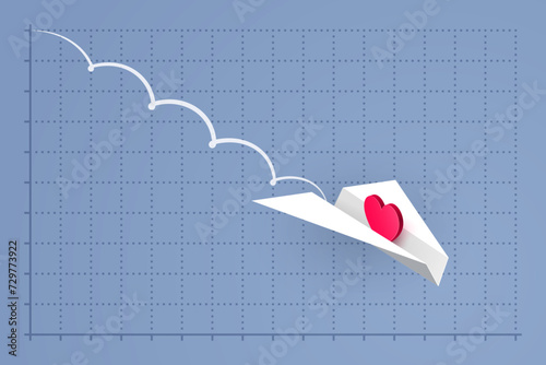 Paper airplane with heart symbol is flying down over grid of graph