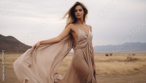 Fashion model in desert, tight long dress fluttering in breeze on cloudy day.