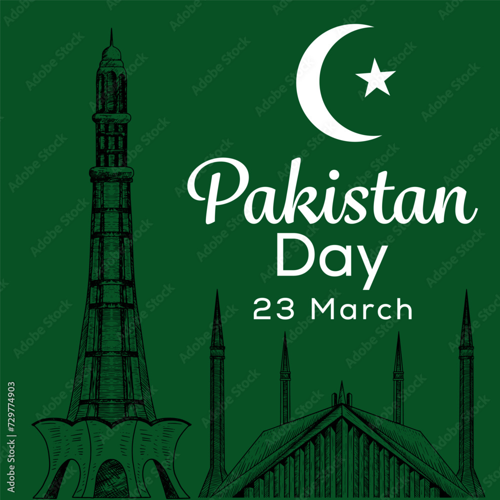 hand drawn pakistan day illustration on green background