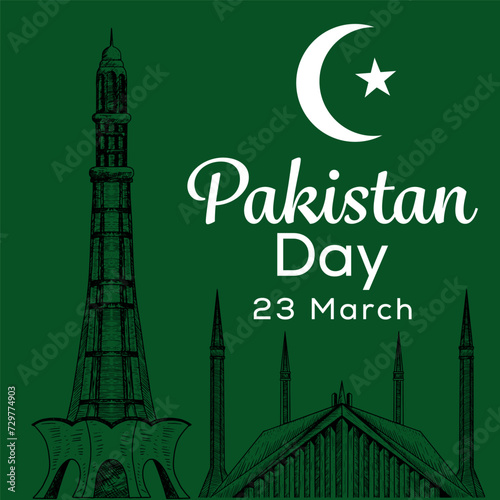 hand drawn pakistan day illustration on green background