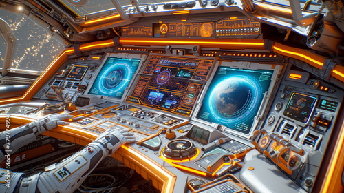 Advanced spaceship cockpit with high-tech control panels and Earth hologram, signifying futuristic space exploration