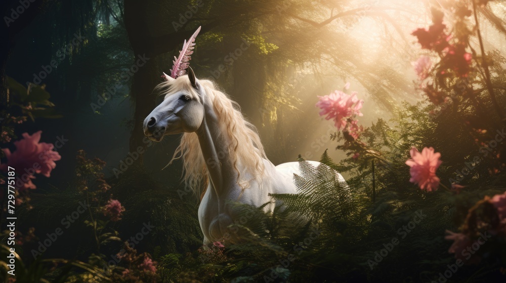Fototapeta premium A beautiful, graceful unicorn in a fabulous forest. A fictional character, mythology.