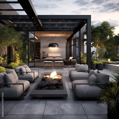  an outdoor patio with a modern industrial vibe. Picture concrete flooring, metal furniture, and minimalist planters