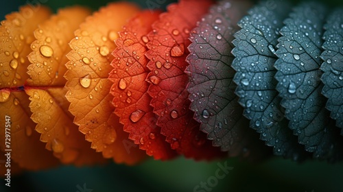 Nature's textures come to life in a close-up shot of vibrant autumn leaves, adorned with fresh raindrops, showcasing hues of red, orange, and blue.