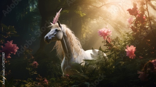 A beautiful  graceful unicorn in a fabulous forest. A fictional character  mythology.