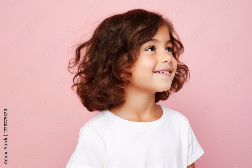 Portrait of a cute little girl with long curly hair on a pink background Portrait of a cute little girl with long curly hair on a pink background
