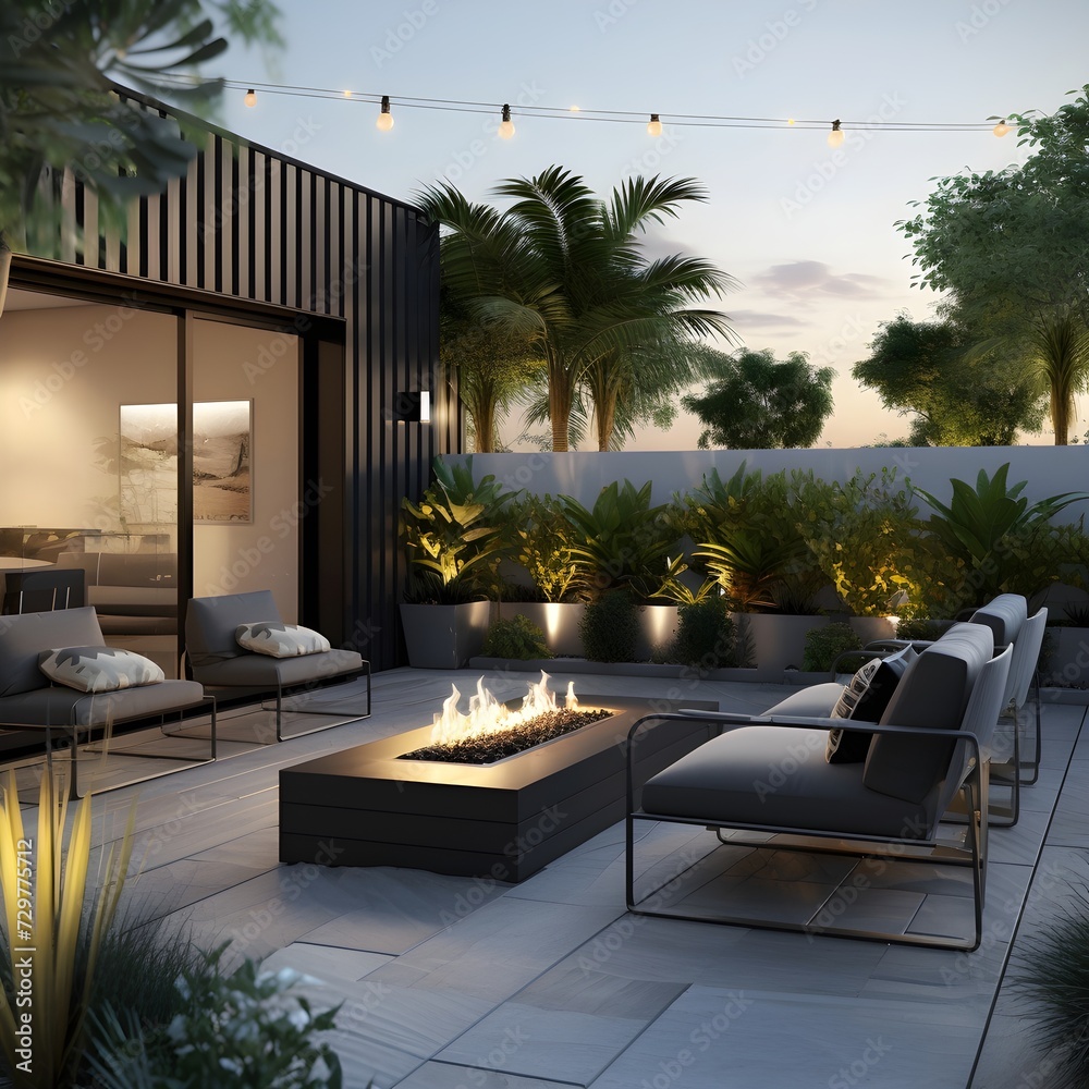Fototapeta premium an outdoor patio with a modern industrial vibe. Picture concrete flooring, metal furniture, and minimalist planters