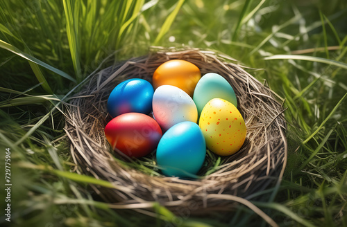 Multi-colored painted Easter eggs in a nest on a forest glade in the grass on a bright sunny day.