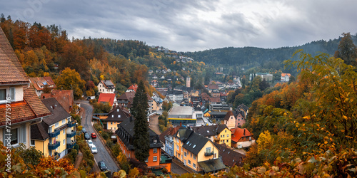 Historic Triberg panoramic cityscape durung autumn time in the Black Forest, Germany .
