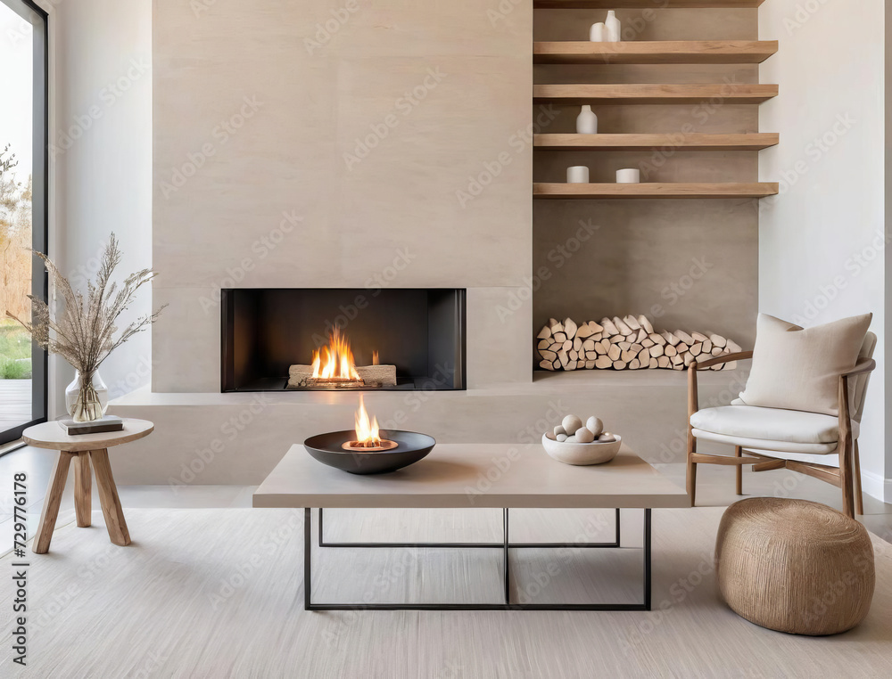 Fototapeta premium Minimalistic Home Office with Zen Elements and Modern Fireplace Gen AI