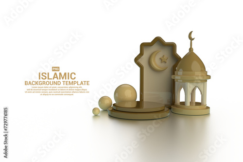 3D Rendering of Islamic Icons with Product Podium, Minaret of the Mosque and Backdrop Dislpay, Lantern perfect for Greeting Cards, Backgrounds, Invitation Templates, etc. photo