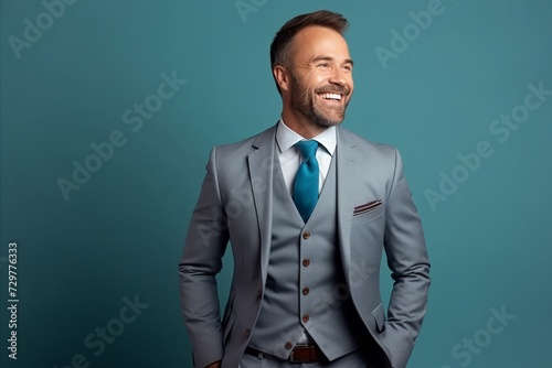 Handsome smiling businessman in grey suit and tie standing against blue background