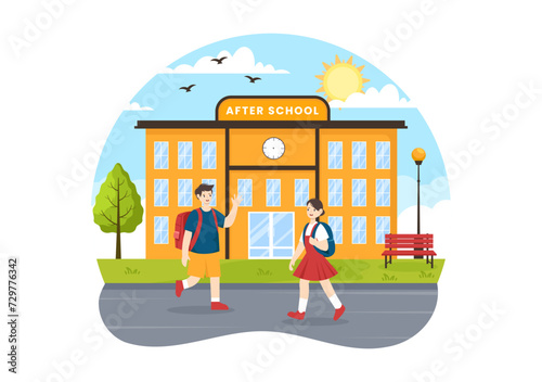After School Vector Illustration with Students Leave School Building After Class or Program and Back to Home in Flat Cartoon Background