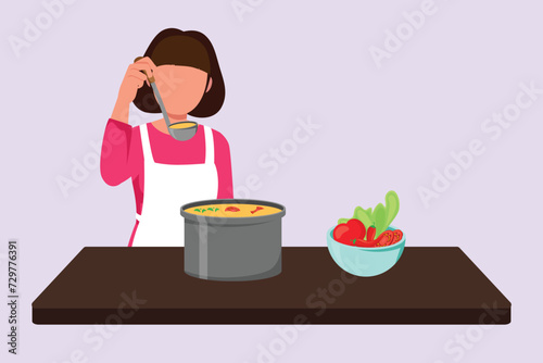 People cooking concept on kitchen table. Colored flat vector illustration isolated.