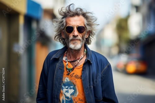 Portrait of an old man with long gray hair in the city