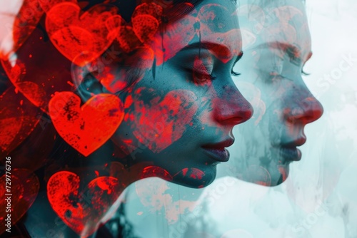 Black and white portrait photo of a woman with red hearts. Double exposure and mirroring photo