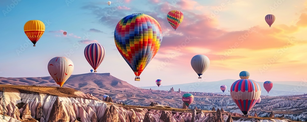 Fototapeta premium Colorful hot air balloon flying with mountain view