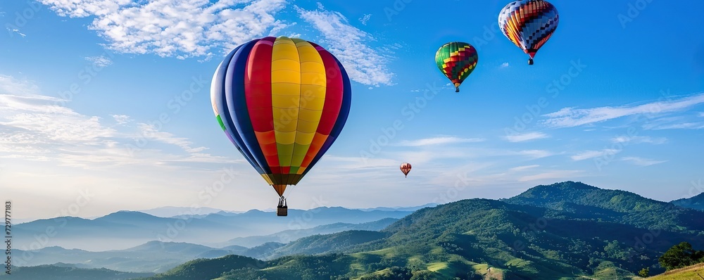 Fototapeta premium Colorful hot air balloon flying with mountain view