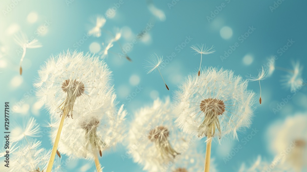 A gentle breeze carries dandelion seeds through the air, creating a mesmerizing dance of delicate tufts against a backdrop of blue sky 