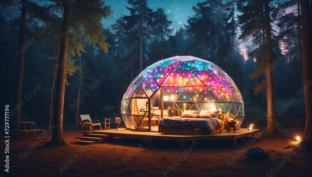 campsite geodesic glamping bubble dome - obrazy, fototapety, plakaty 